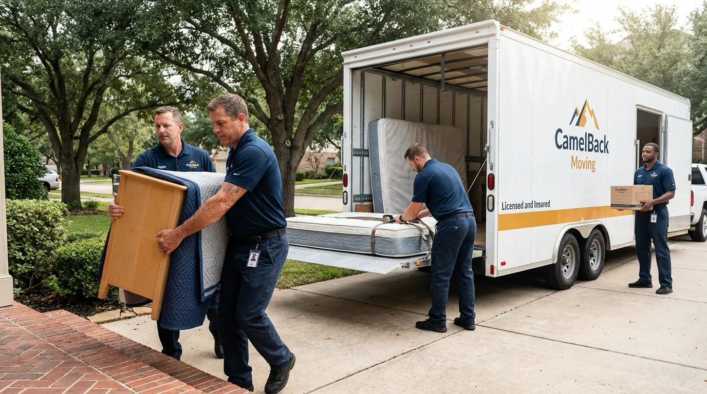 Crew loading residential truck for cross-state move from Cuero, TX