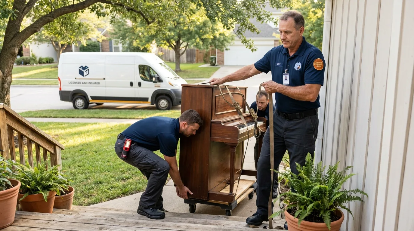 Licensed piano movers securing grand piano in Cuero, TX