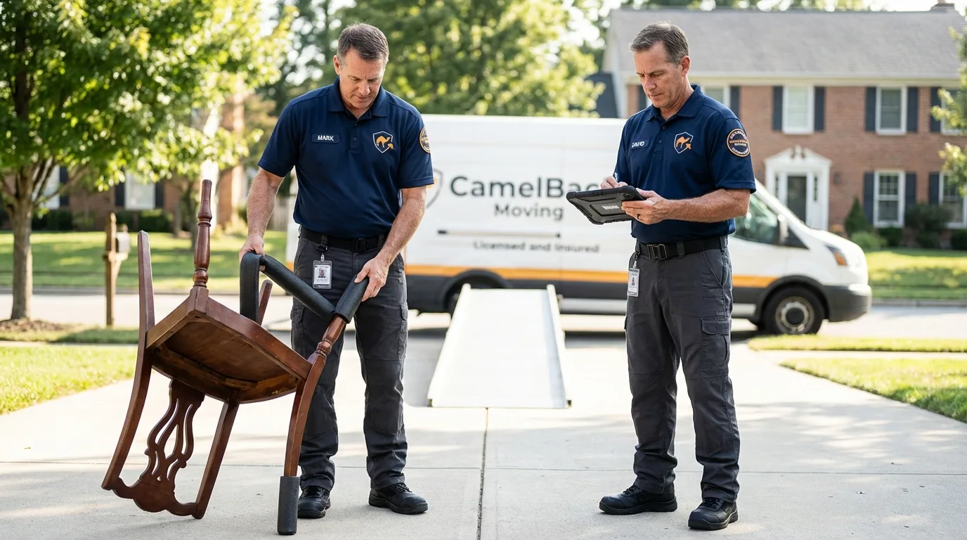 Movers inspecting furniture for damage prevention before loading in Cuero, TX