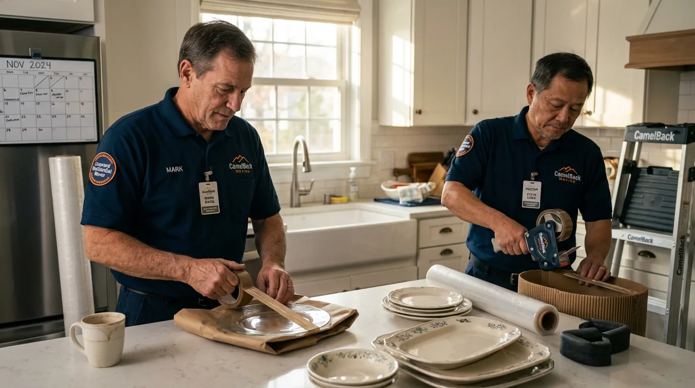 Professional crew packing kitchen dishware in Cuero, TX